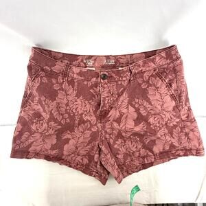 A.N.A. Leaf Print Twill Shorts Womens 14 Burgundy Mid Rise 5" Stretch Cotton